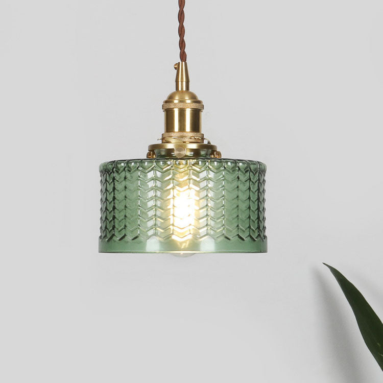 Green glass jar pendant light with brass cap