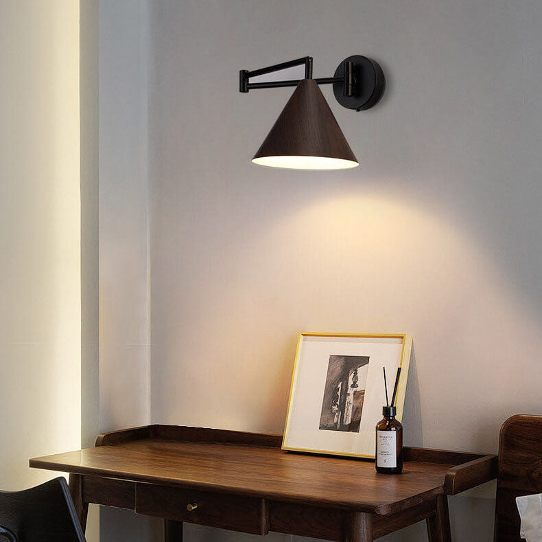 Nordic cone swing arm wall light in walnut, warm white