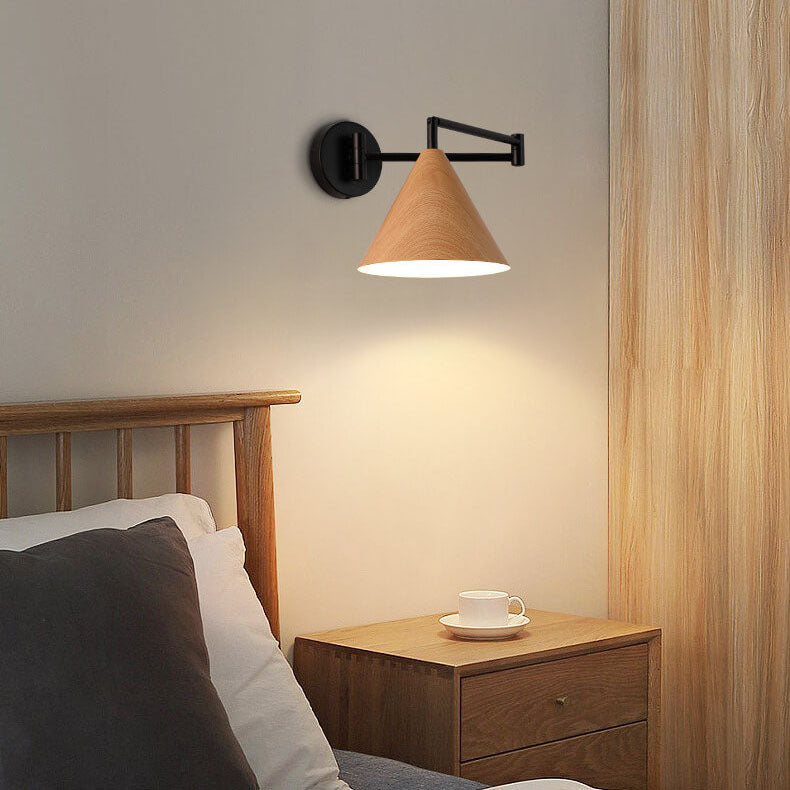 Nordic cone swing arm wall light in wood finish, warm white