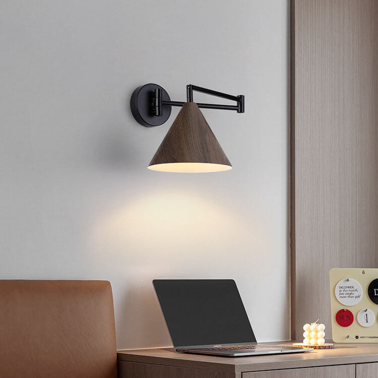 Nordic cone swing arm wall light in walnut, cool white