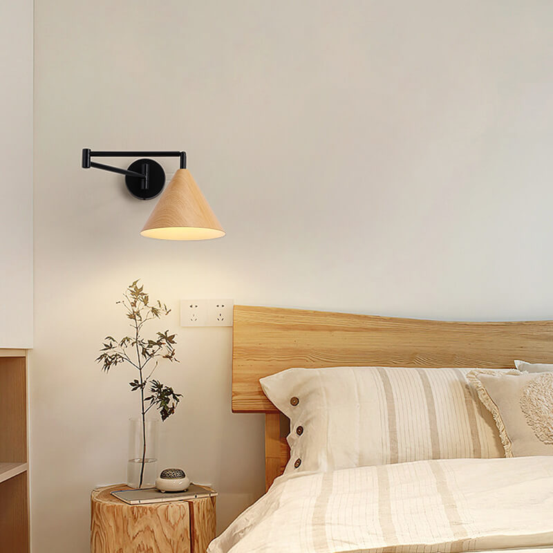 Nordic cone swing arm wall light in wood finish, cool white
