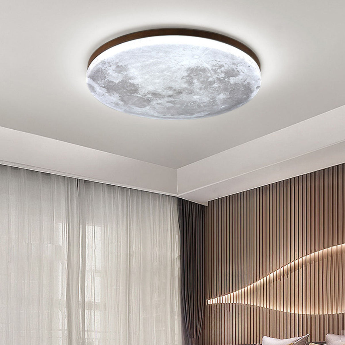 Moon ceiling light in walnut, cool light