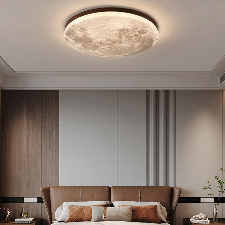 Moon round LED flush ceiling light in walnut
