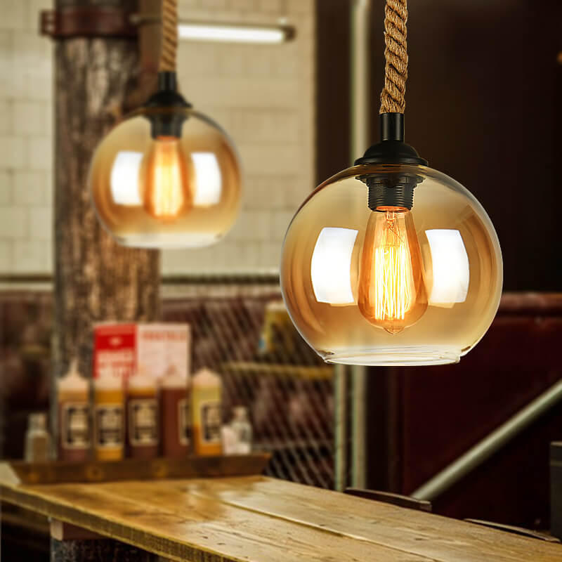 Amber glass globe rope pendant light