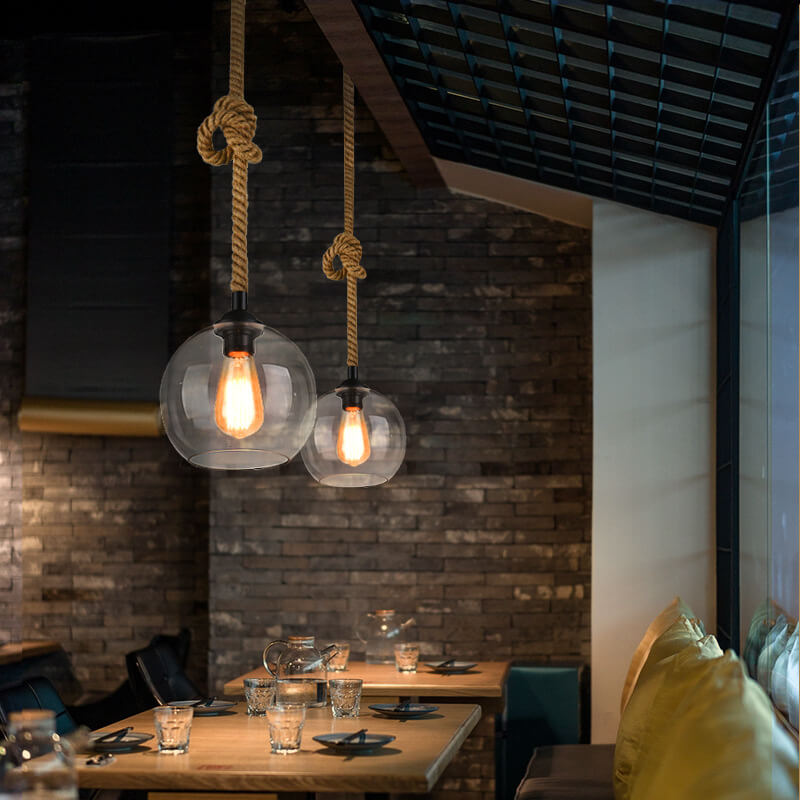 Clear glass globe rope pendant light
