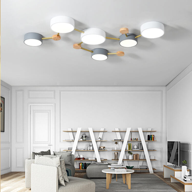 Wood and iron flush ceiling light detail