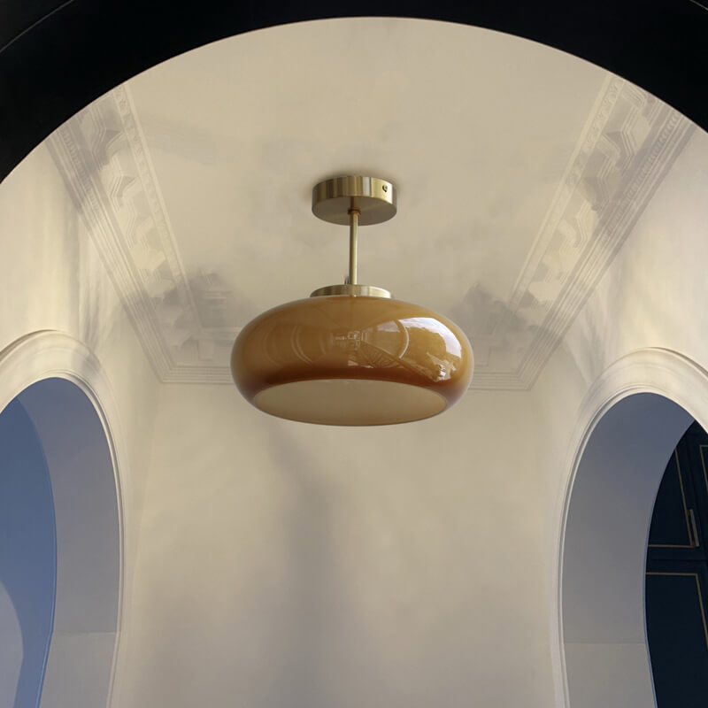 Vintage amber glass ceiling light in copper, front