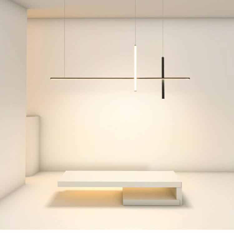 Black linear chandelier in cool white light
