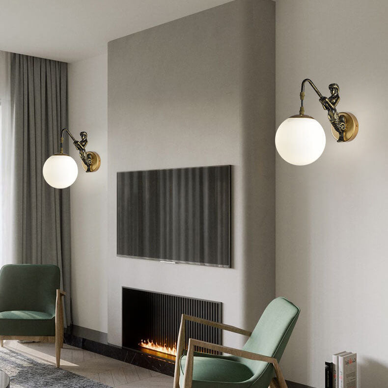 Gold mermaid wall light, white orb