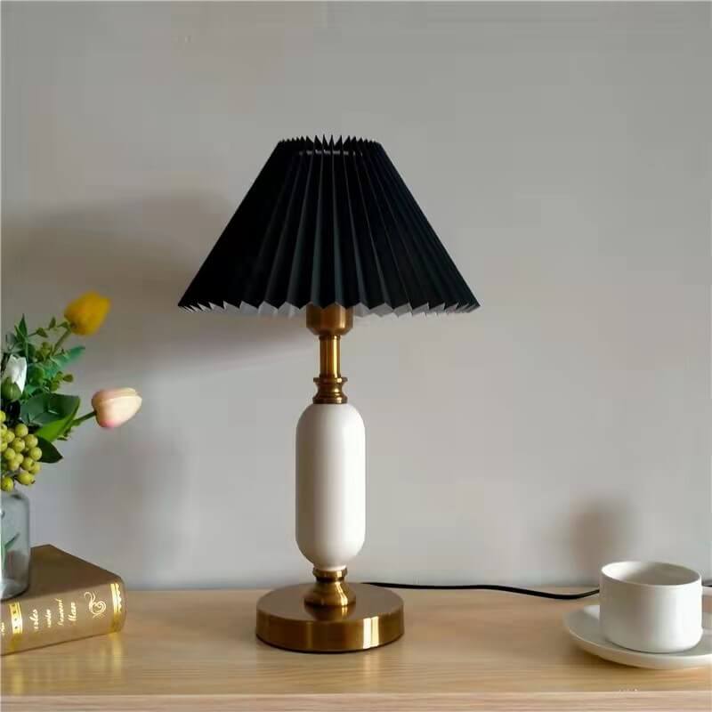 Pleated shade table lamp, black shade with white base
