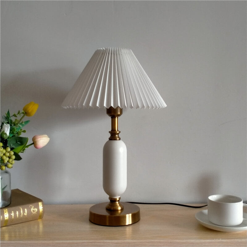Pleated shade table lamp, white shade with white base