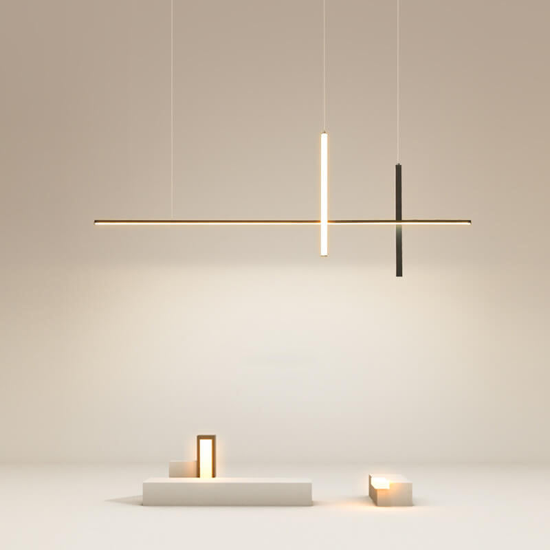 Black linear LED chandelier over a dining table