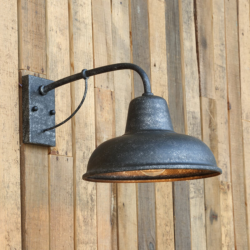 Silver and black barn wall light, side view