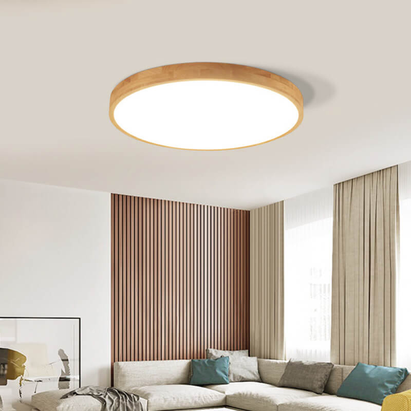Round wood LED ceiling light, cool white