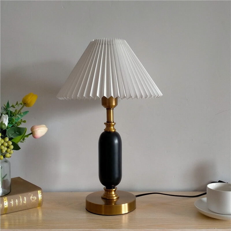 Pleated shade table lamp, white shade with black base