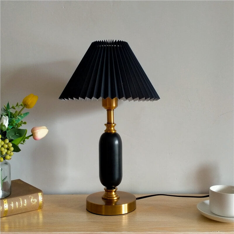 Pleated shade table lamp, black shade with black base