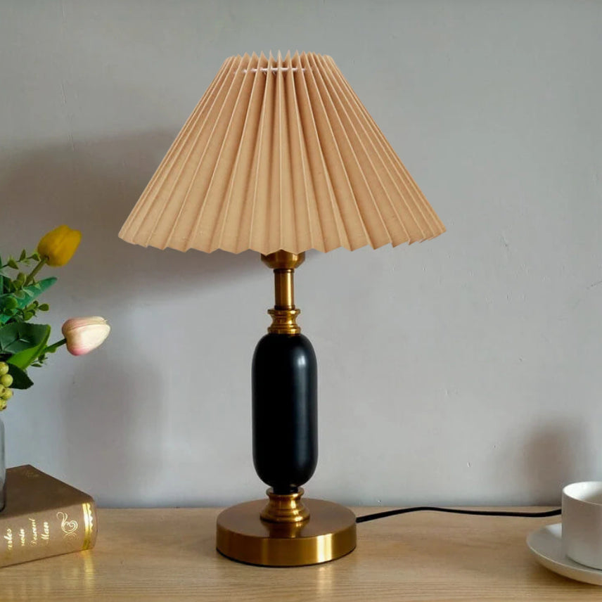 Pleated shade table lamp, khaki shade with black base
