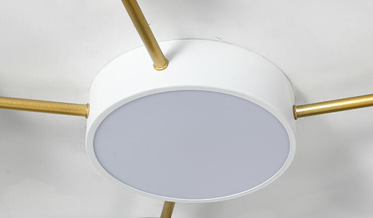 Wood and iron LED ceiling light lit, alternate view