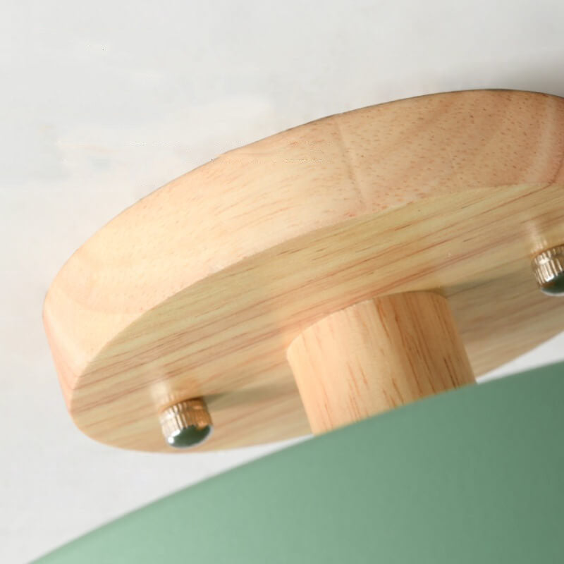 Round wood-look ceiling light detail
