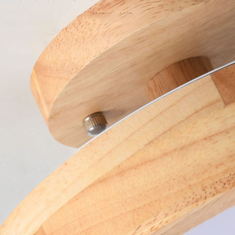Round wood-look ceiling light mounted on ceiling