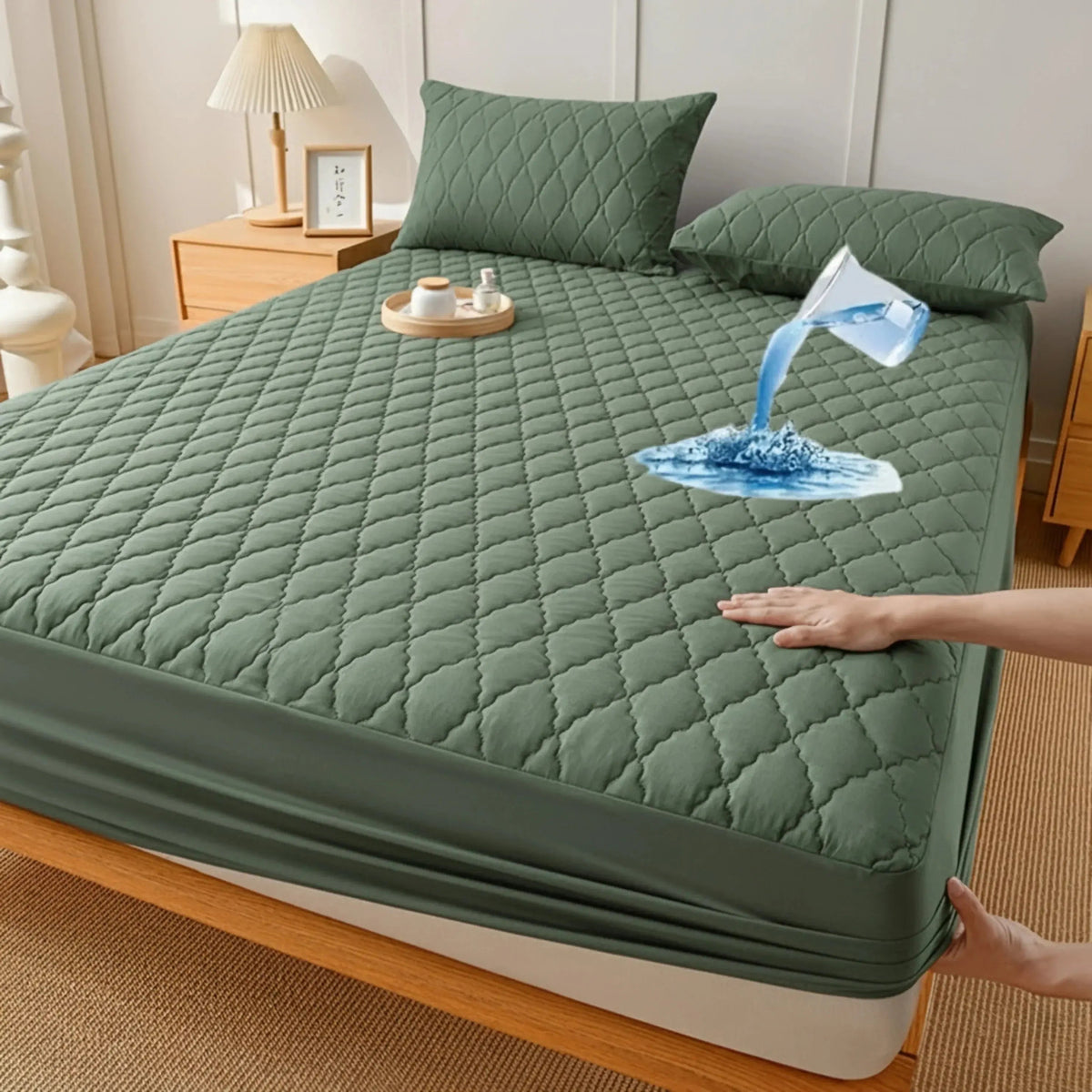 Waterproof quilted mattress protector in Green
