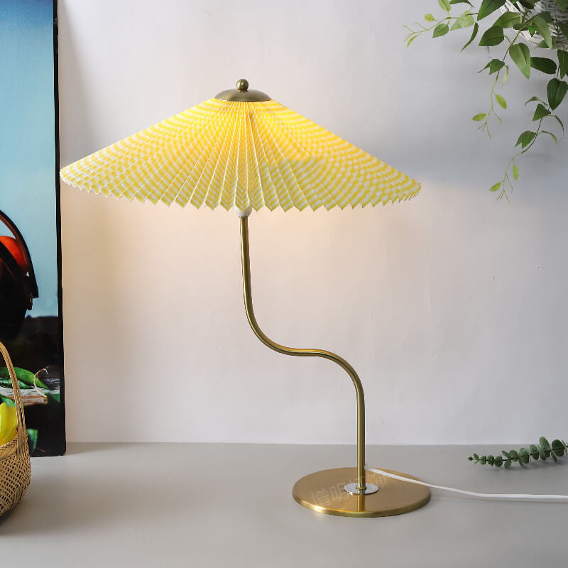 Retro pleated umbrella table lamp, yellow plaid