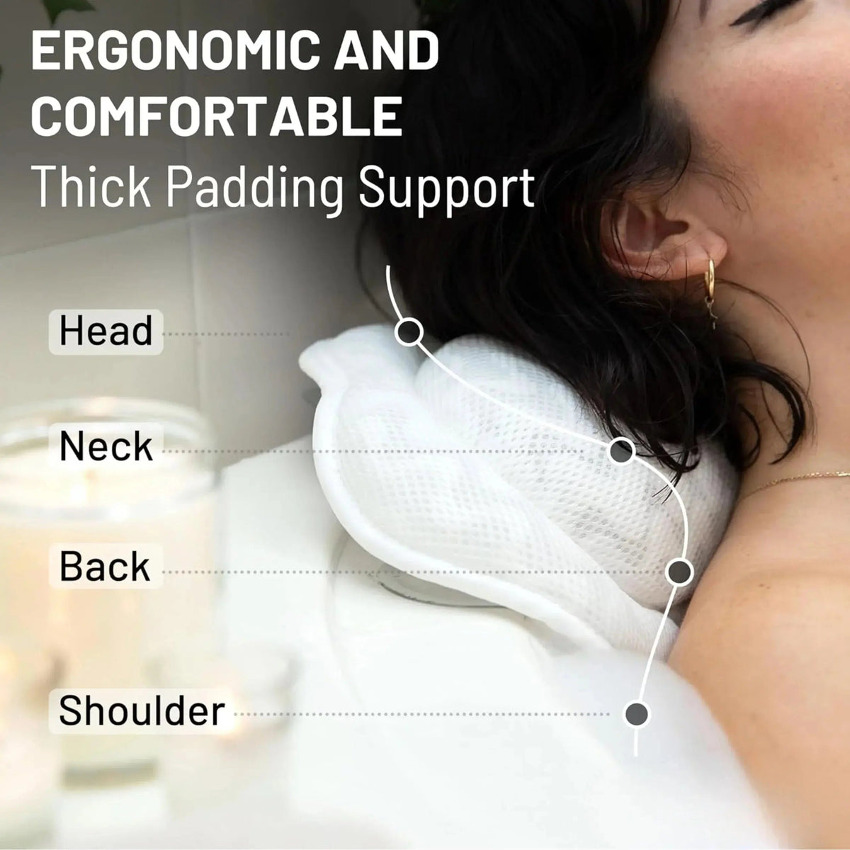 Bath pillow in use on tub