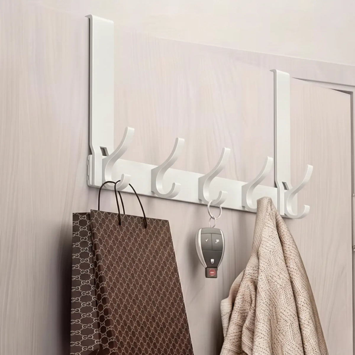 White over-door hook rack with 5 hooks