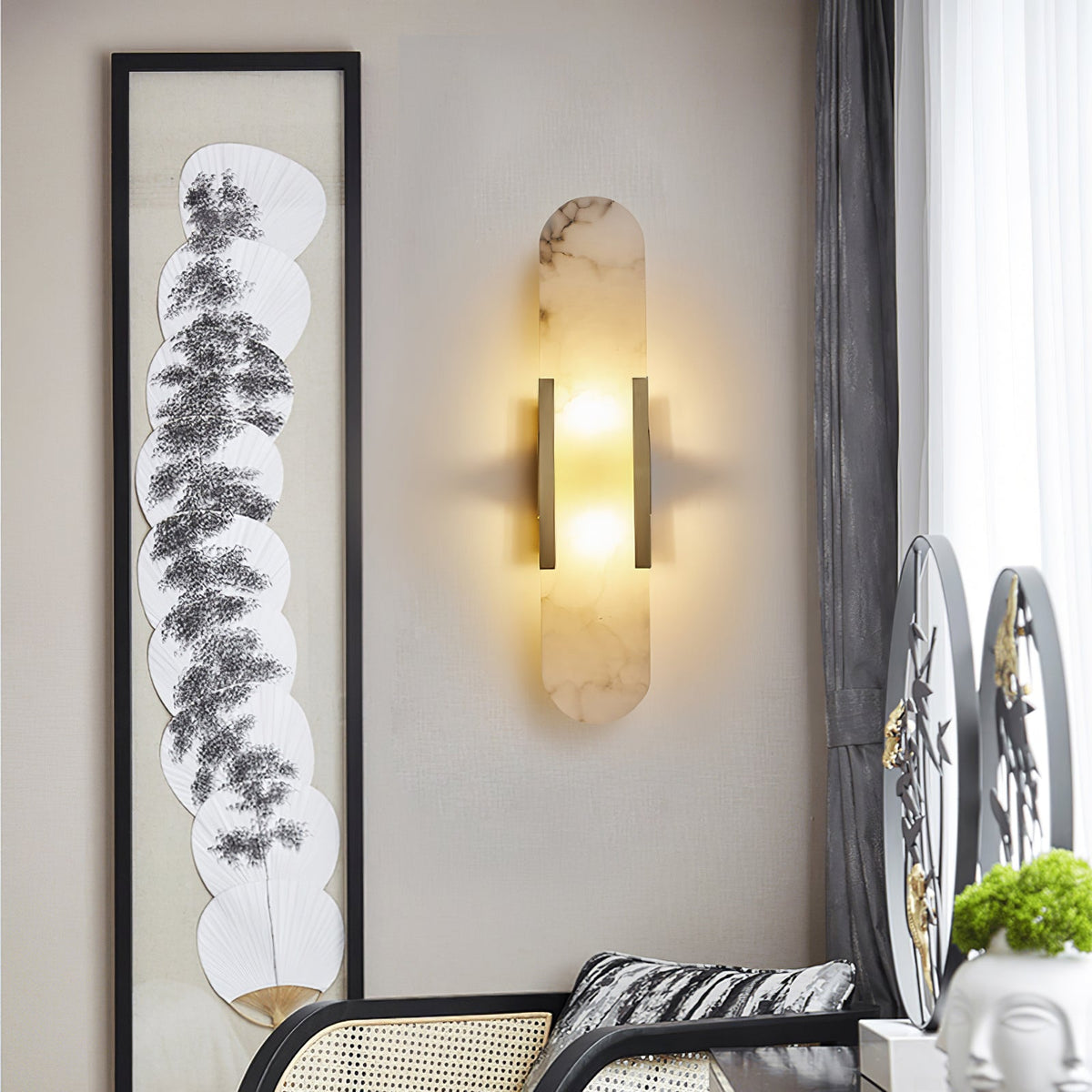 Marble sconce lit, showing stone veining