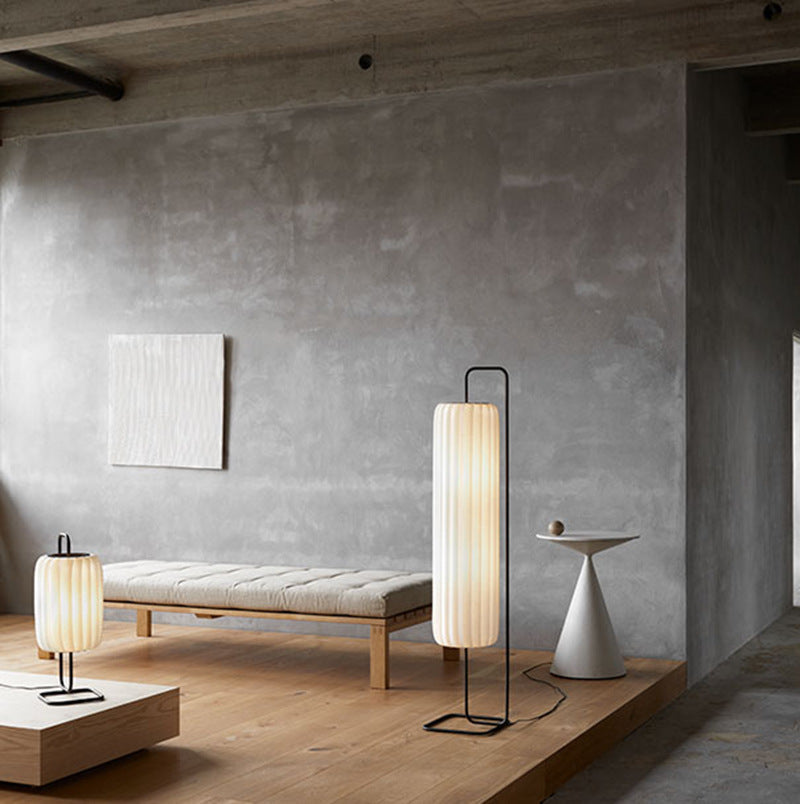 Silk floor lamp with black iron frame