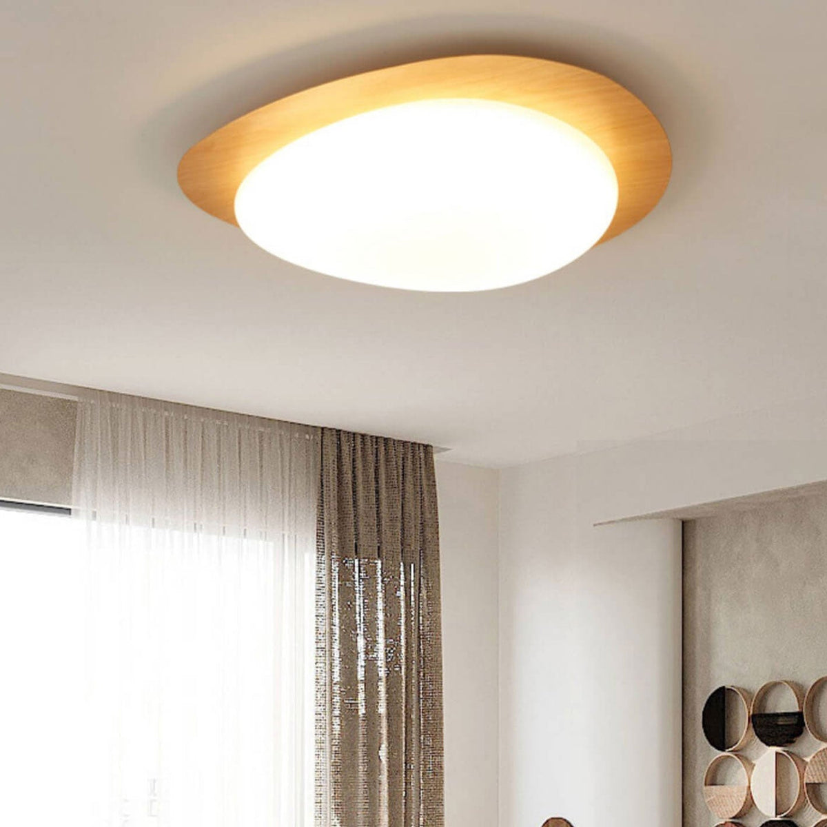 Pebble LED flush ceiling light, wood grain, warm white