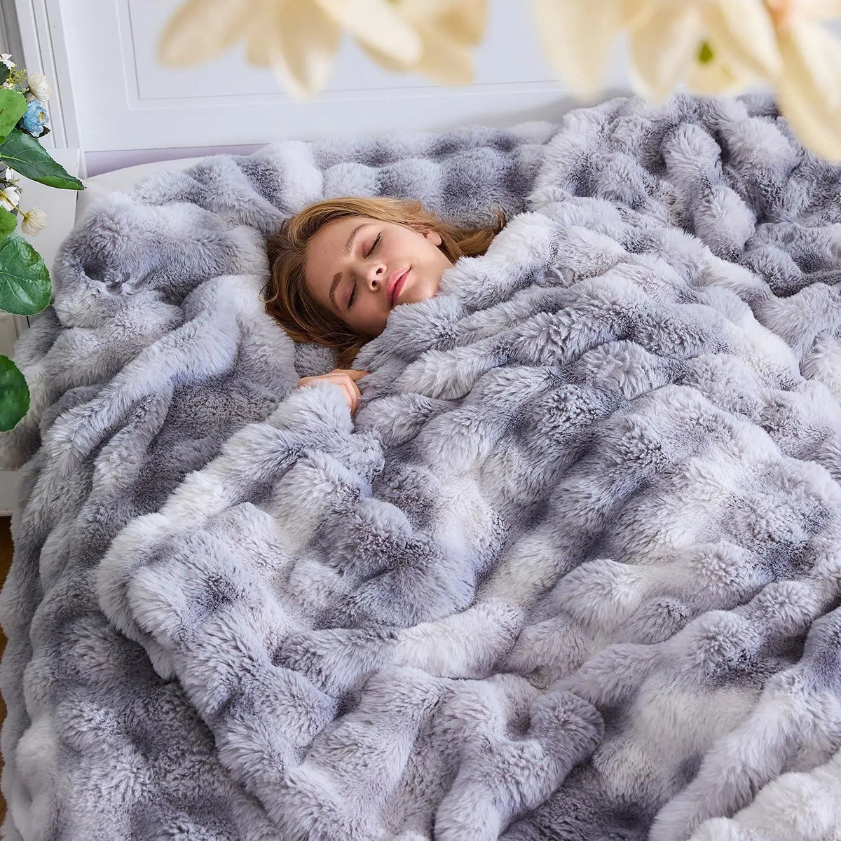 Faux fur throw texture close-up