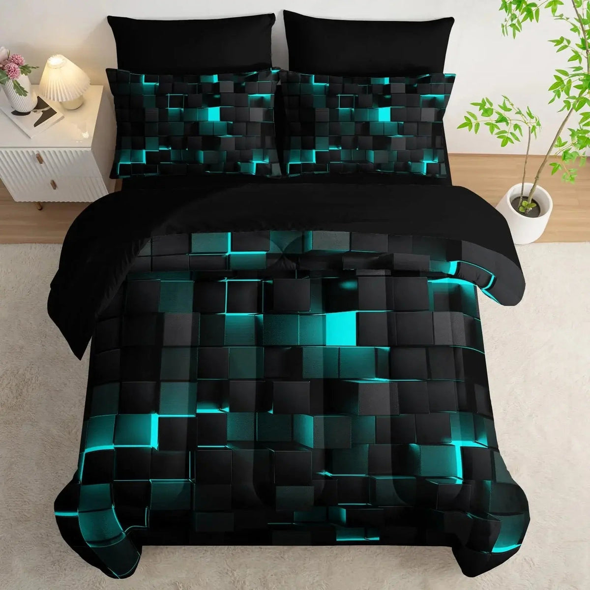 Geometric bedding set styled in a bedroom