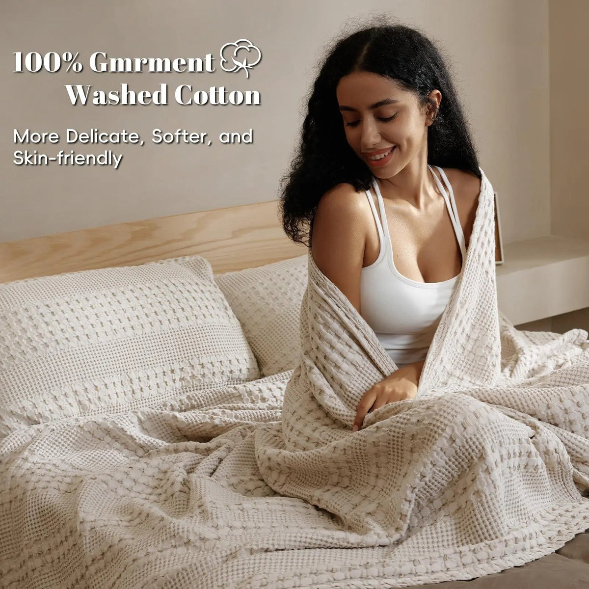 Cotton waffle blanket draped over sofa