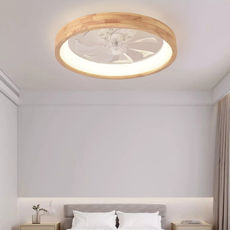 Japanese wood round LED ceiling fan light in a bedroom