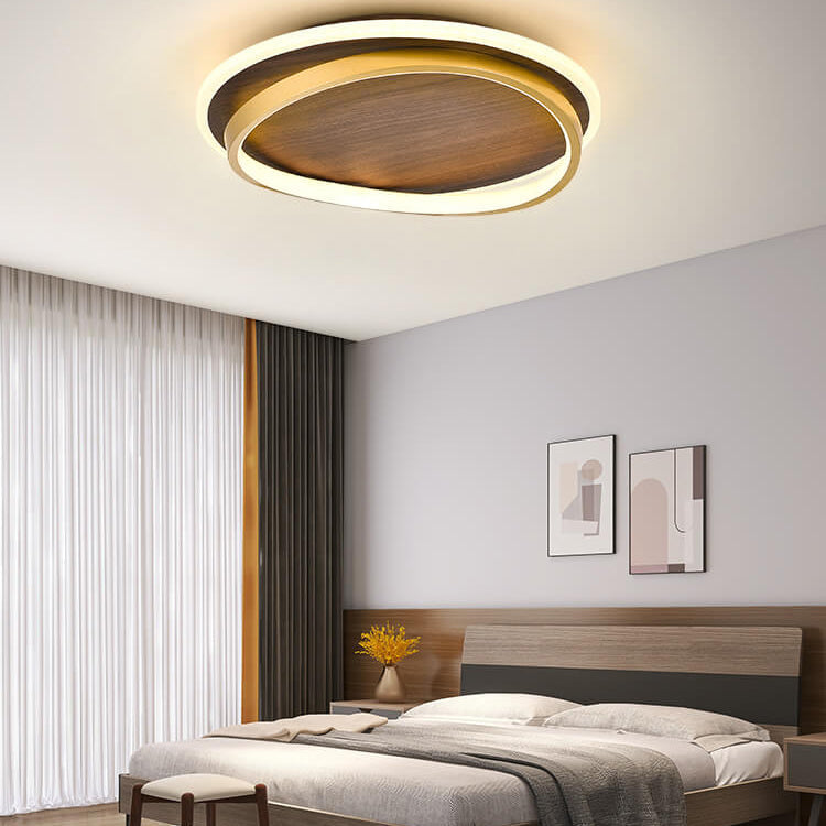 Walnut grain LED flush ceiling light, warm white