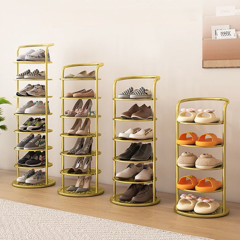 Round metal shoe rack in gold