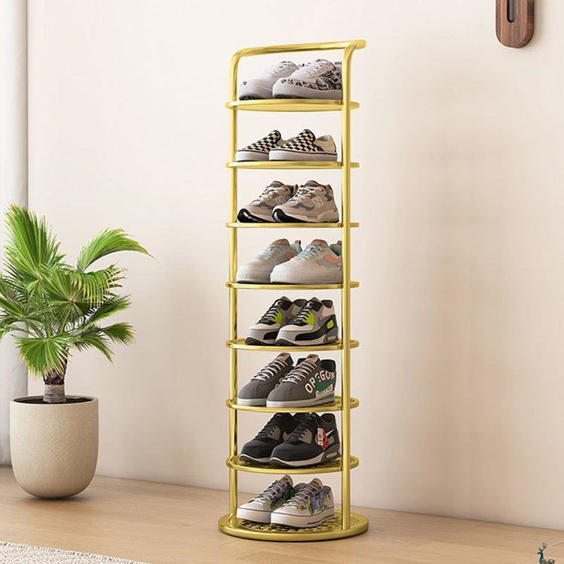 Round metal shoe rack in an entryway