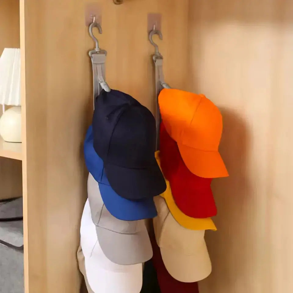 Cap organiser hanging on a door