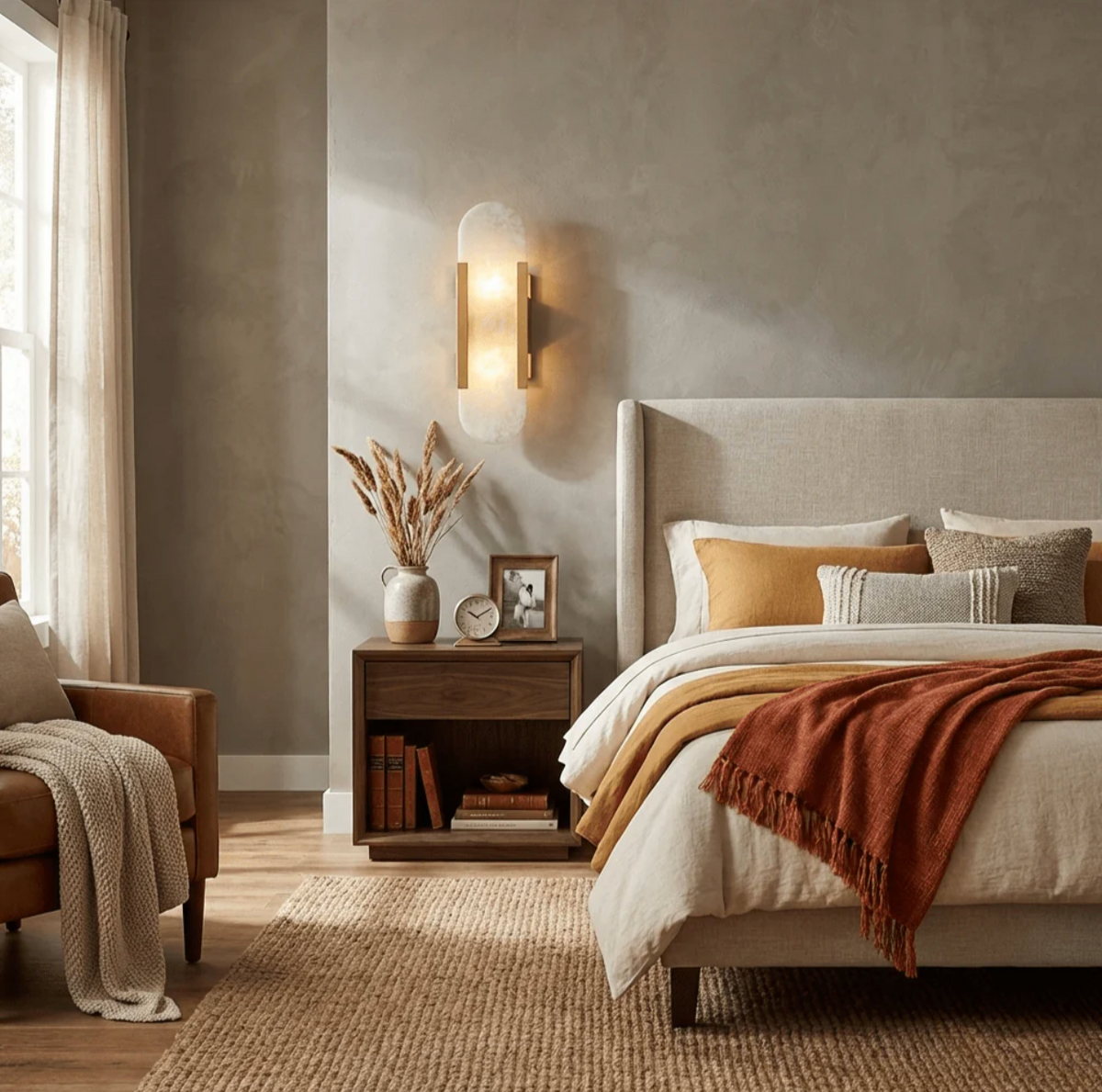 Marble bedside wall light in a bedroom
