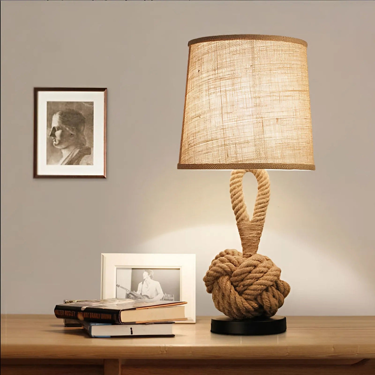 Hemp rope table lamp with linen shade