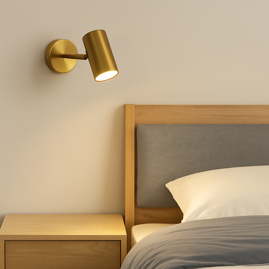Swing-arm wall light beside a bed