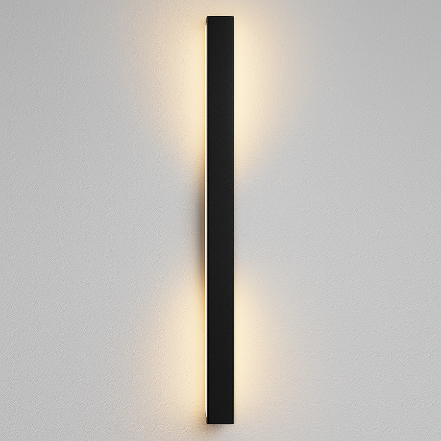 Linear LED outdoor wall light in black on a house facade