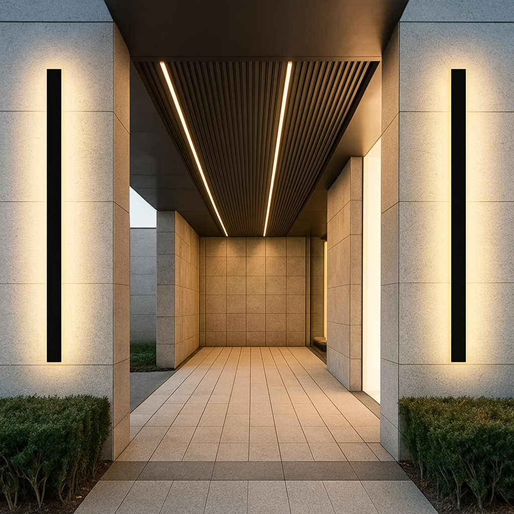 Linear LED wall light on a terrace at dusk
