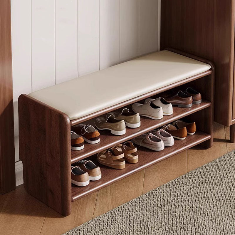 Solid wood and leather 2-tier shoe bench in a hallway