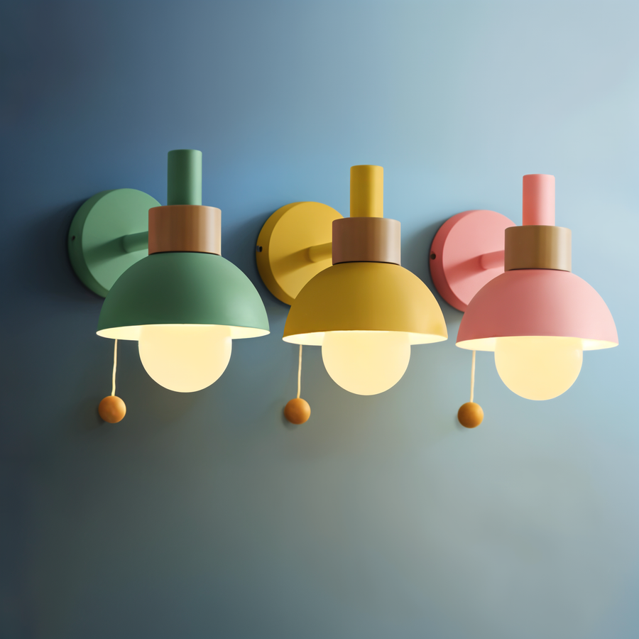 Pastel wood wall lamp with pull cord on a wall