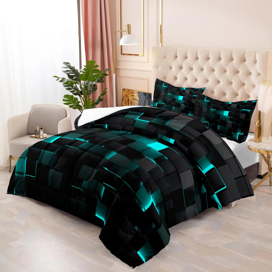 Modern geometric 3D square bedding set on a bed