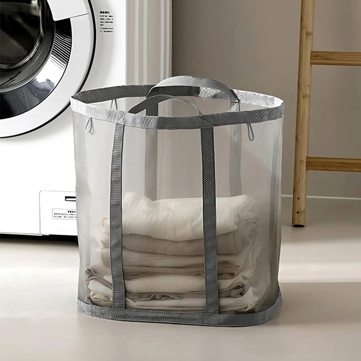 Grey collapsible mesh laundry basket