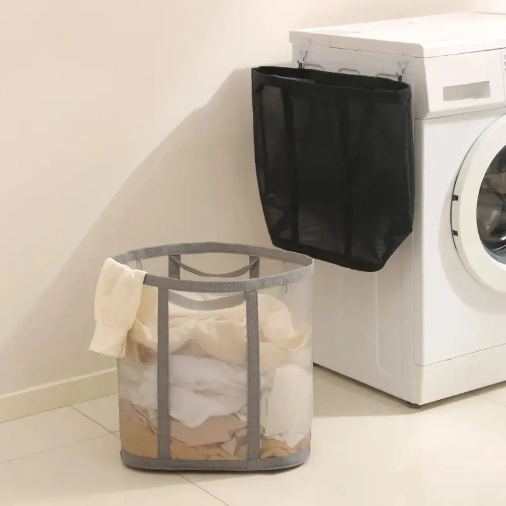 Mesh laundry basket hanging on a wall hook