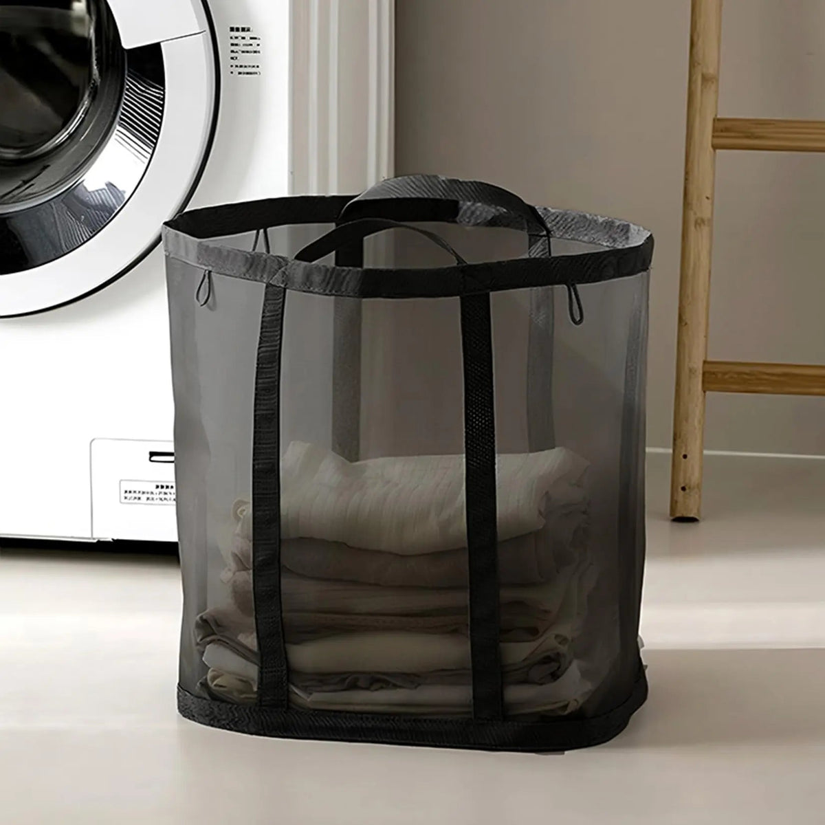 Black collapsible mesh laundry basket